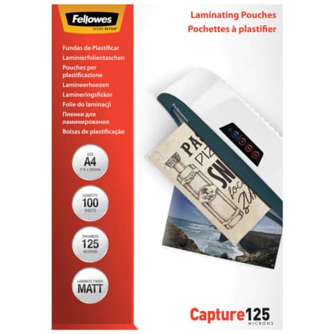 Pouches per plastificatrici Fellowes Standard Capture125 finitura opaca - 2x125 µm - A4 - Conf. 100 pezzi 5328502